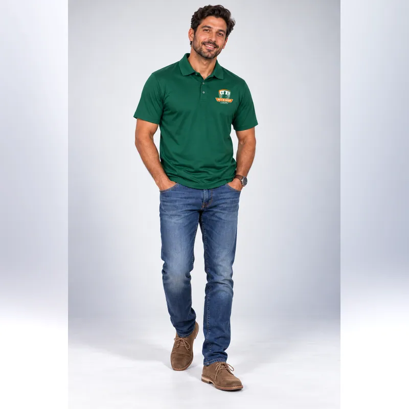 Green branded polo and casual trousers