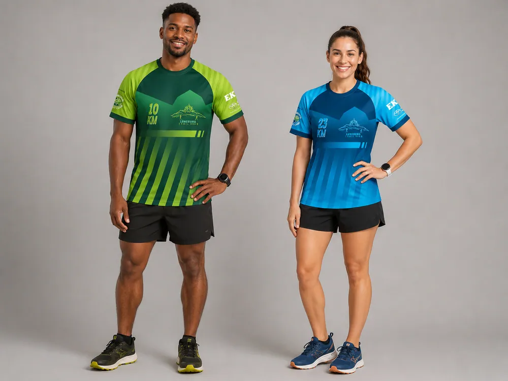 A coordinated pair in green and blue apparel