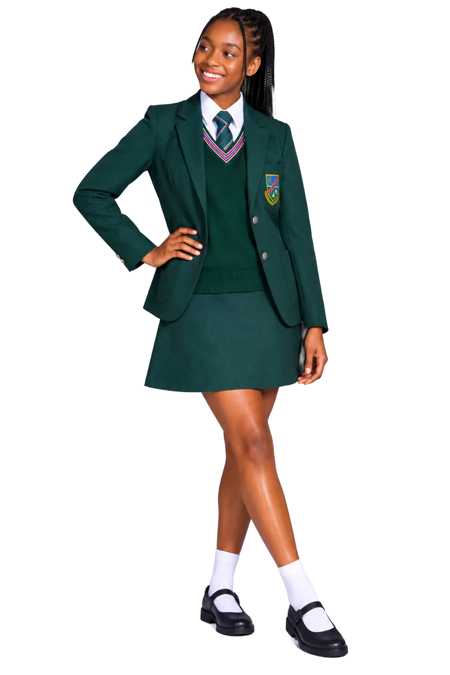 Schoolwear model in green blazer
